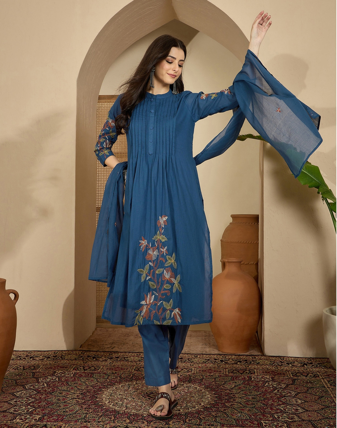 Image of Skylee Embroidered Kurta, Trouser /Pant & Dupatta Set