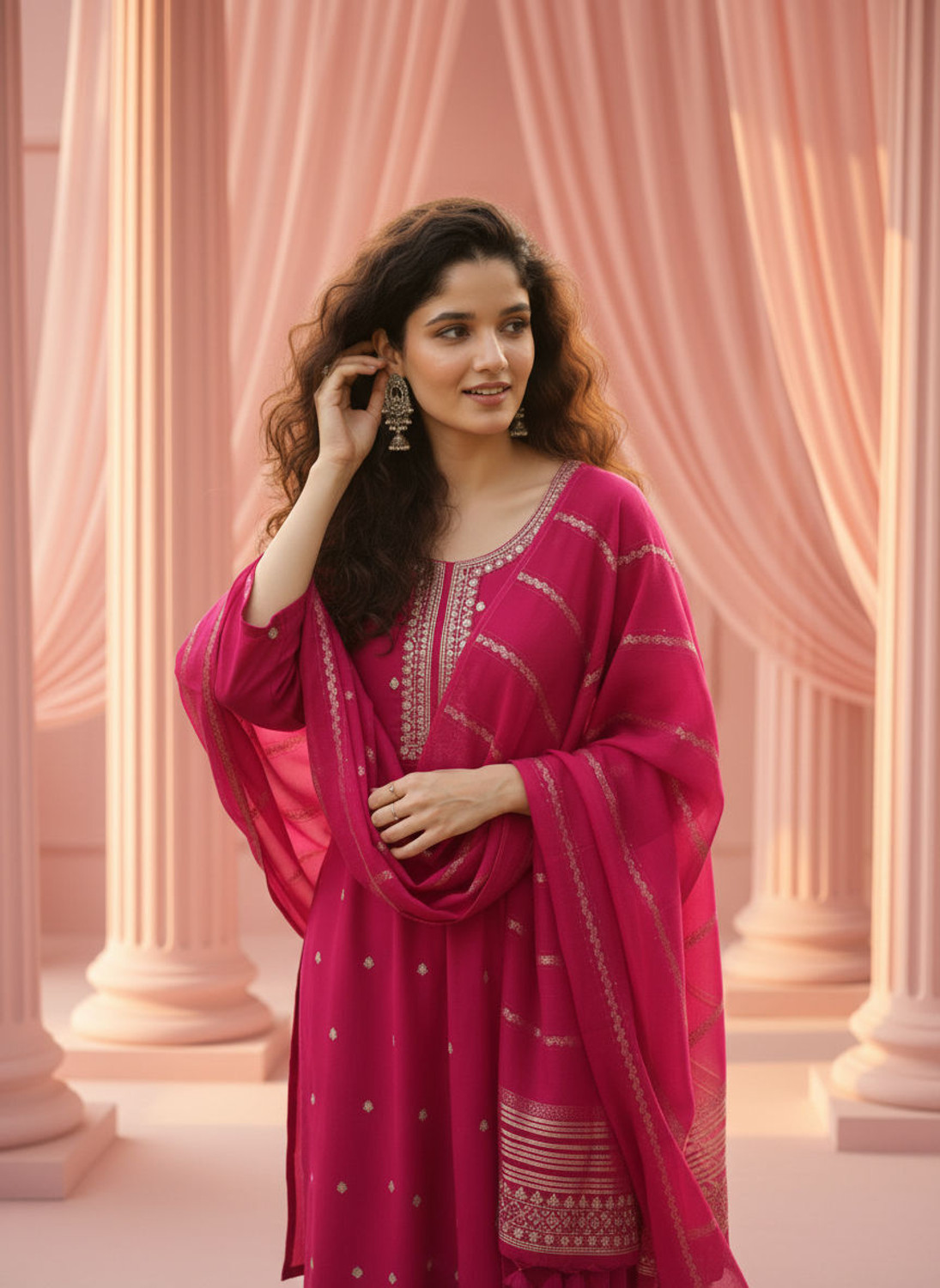 Image of ORRIYA Embroidered Kurta, Trouser /Pant & Dupatta Set