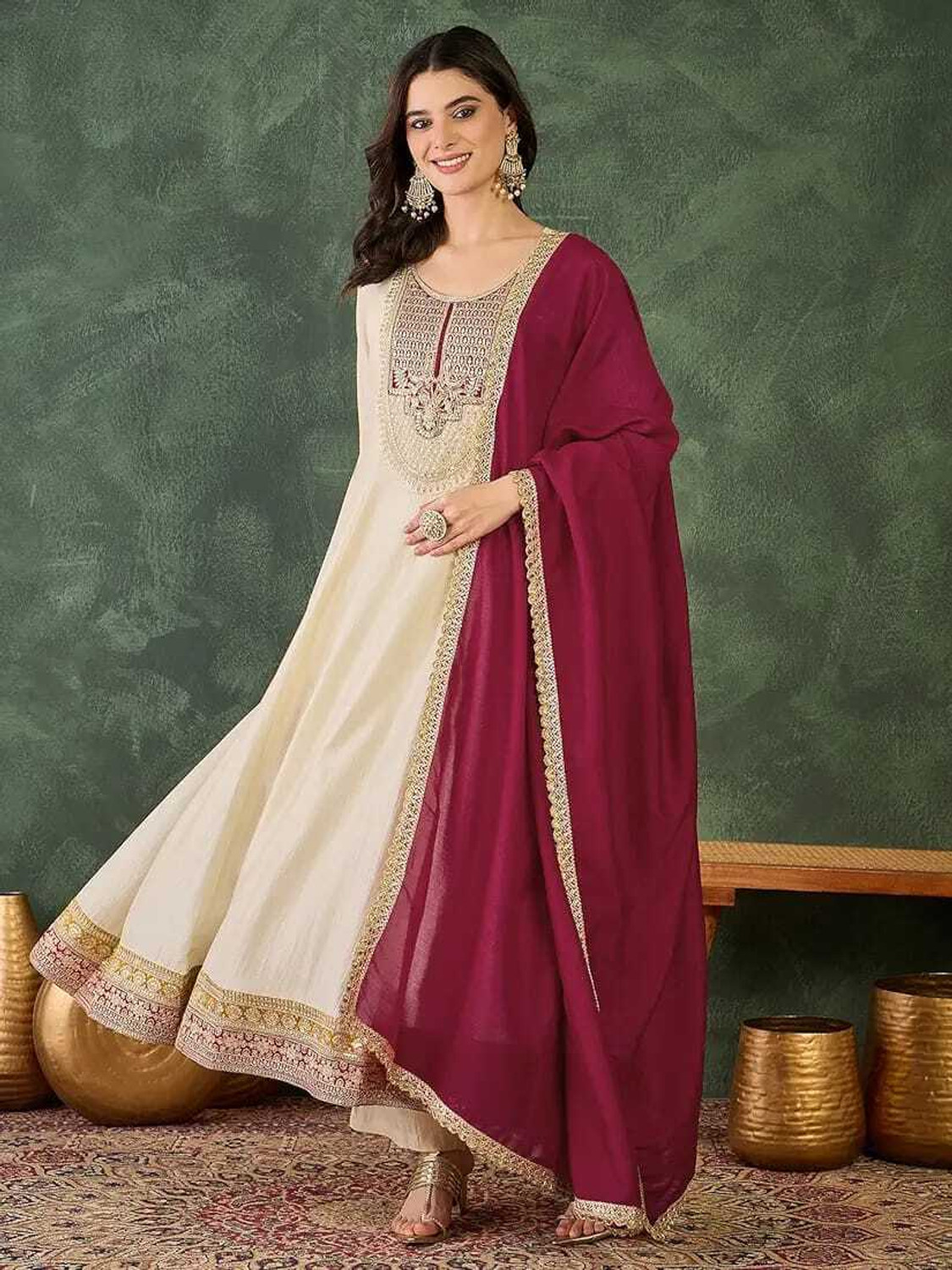 Image of ShreyaFashion Embroidered Anarkali Kurta, Bottom & Dupatta Set