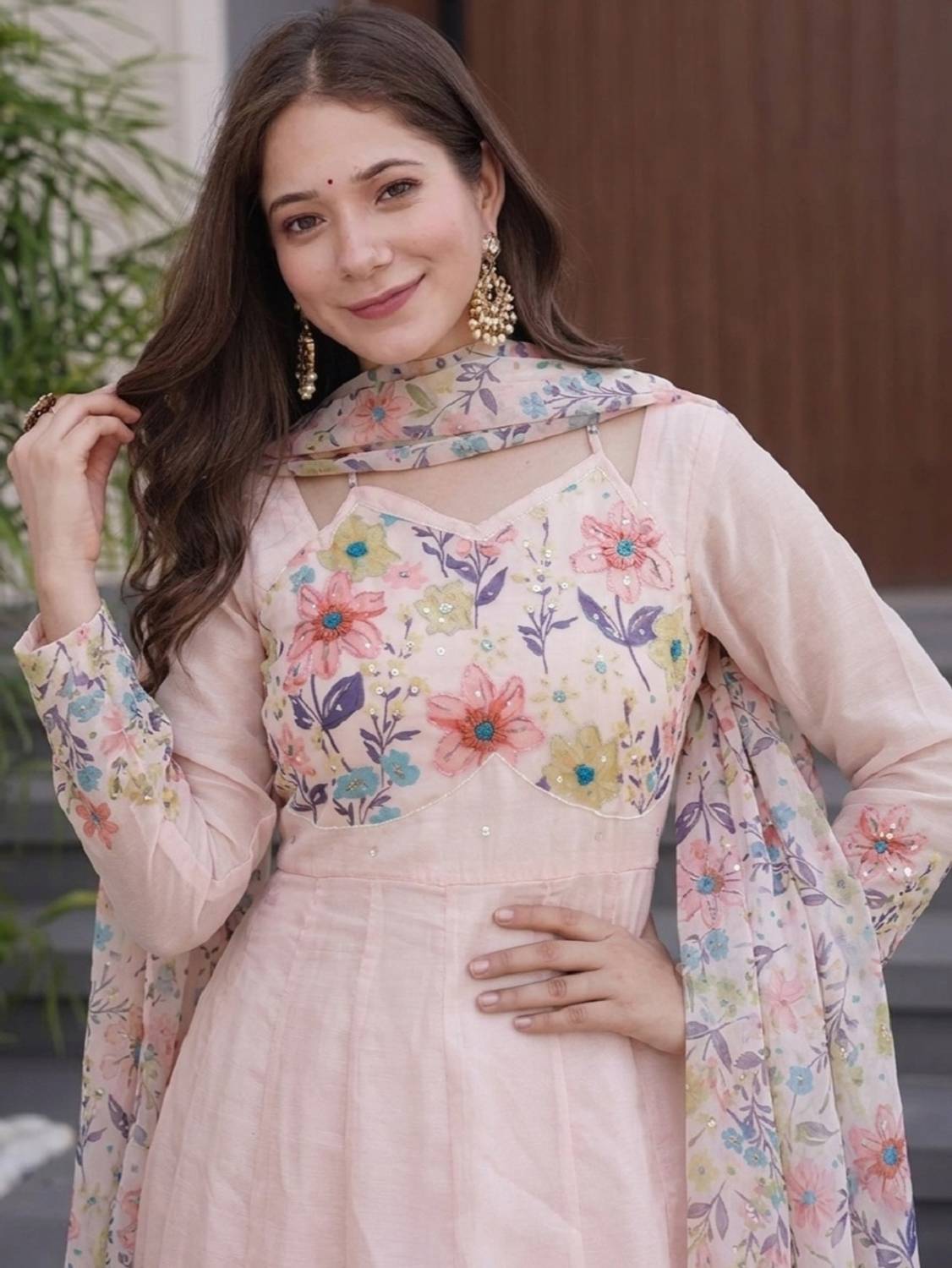 TRANDTIDE Organza Digital Print Anarkali Gown Set - Image 1