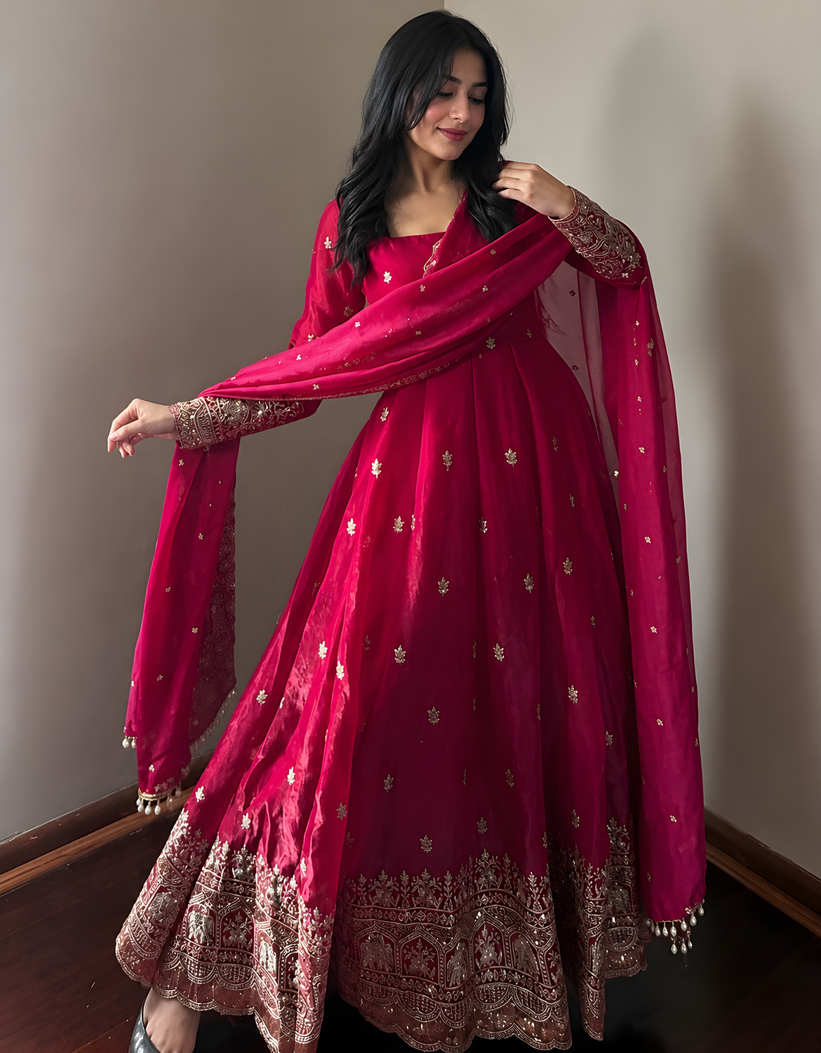 Image of NITIGLOW Embroidered Anarkali Kurta, Bottom & Dupatta Set