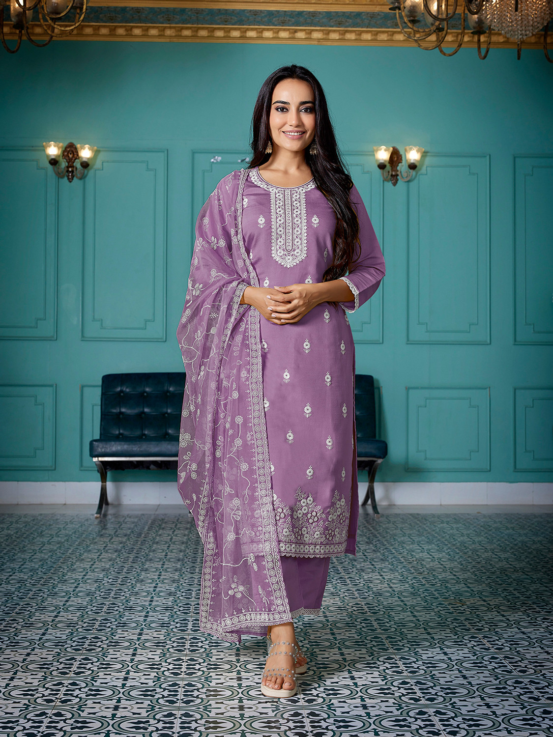 Image of Tasrika Embroidered Kurta, Trouser /Pant & Dupatta Set