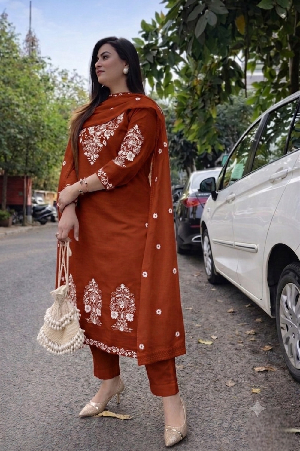 Image of PILUDI Embroidered Kurta, Trouser /Pant & Dupatta Set