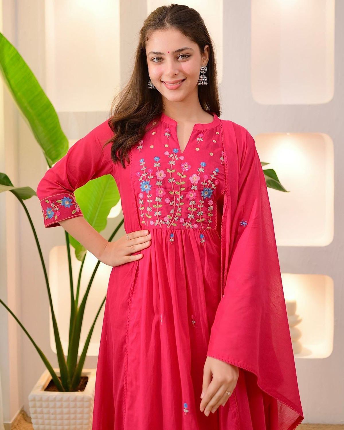 Image of FEBFORWARD Embroidered Kurta, Palazzo & Dupatta Set