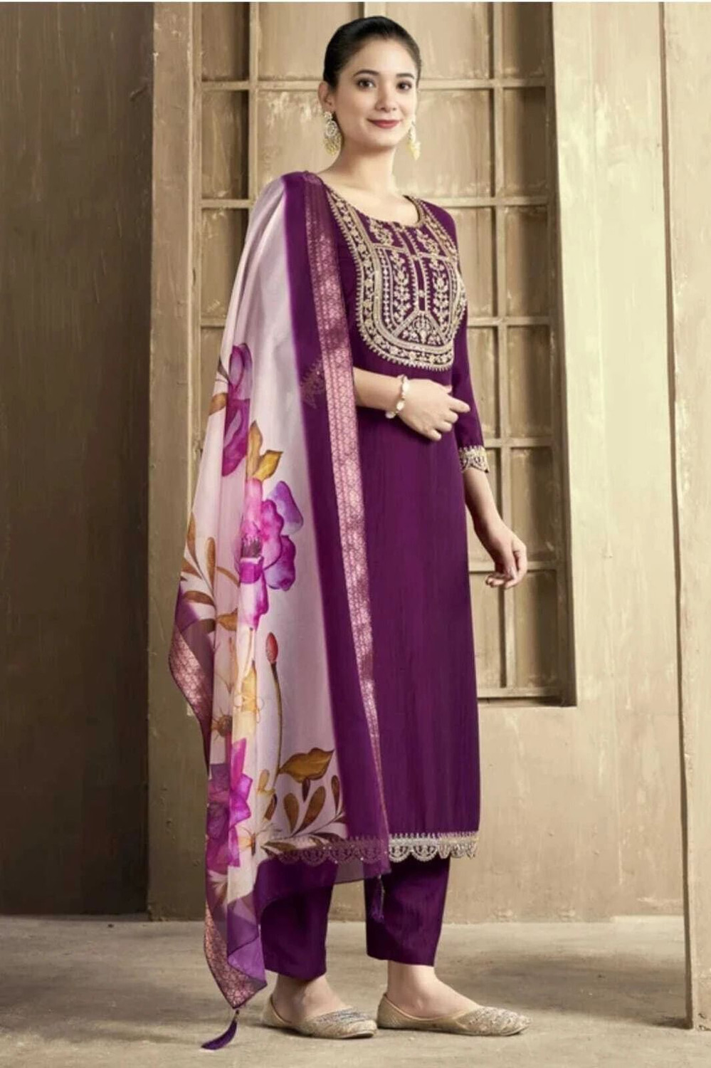 Image of HKBD Fab Embroidered Kurta, Trouser /Pant & Dupatta Set