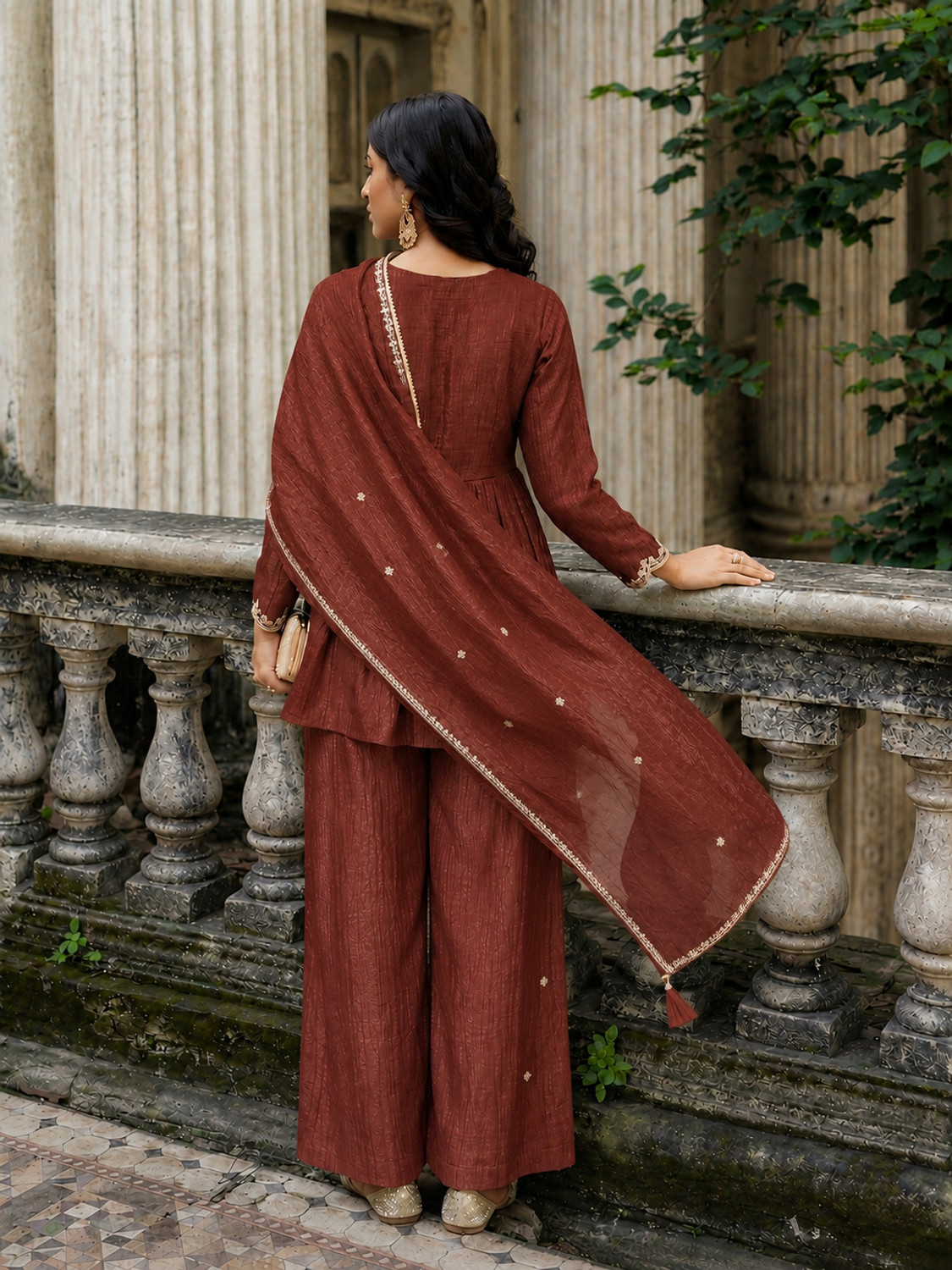 Image of RUTABO Embroidered Kurta, Palazzo & Dupatta Set