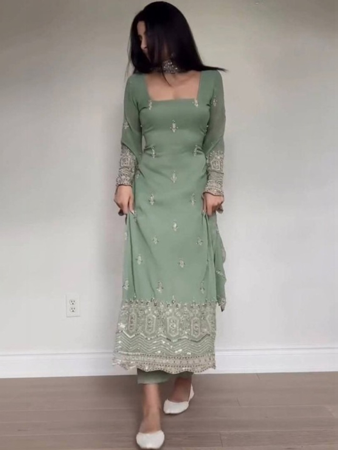 Image of LADUDI PISTA WOMEN Embroidered Kurta, Trouser /Pant & Dupatta Set