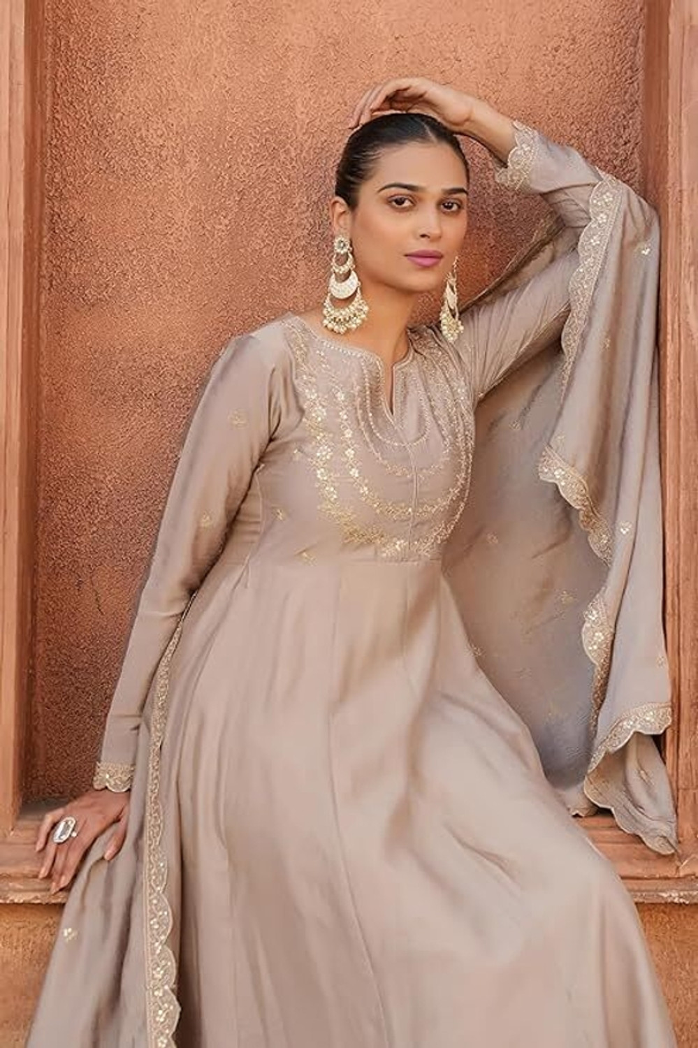 Image of ARVILAS Embroidered Anarkali Kurta, Bottom & Dupatta Set