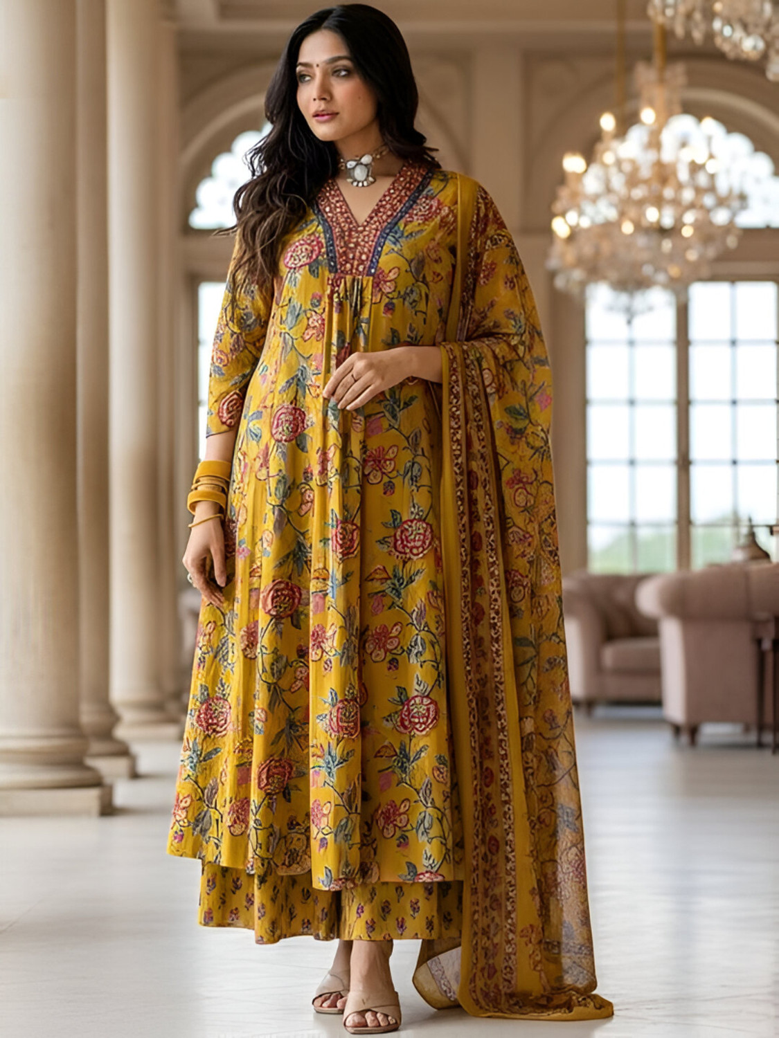 Image of BAMSOM WEAR Embroidered Kurta, Palazzo & Dupatta Set