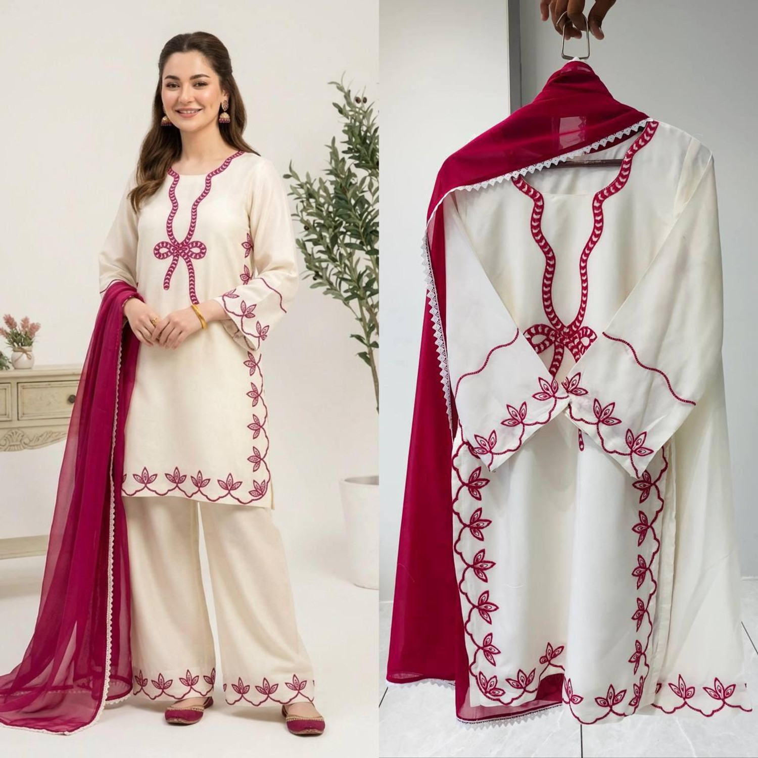 Image of Wtune Embroidered Kurta, Palazzo & Dupatta Set