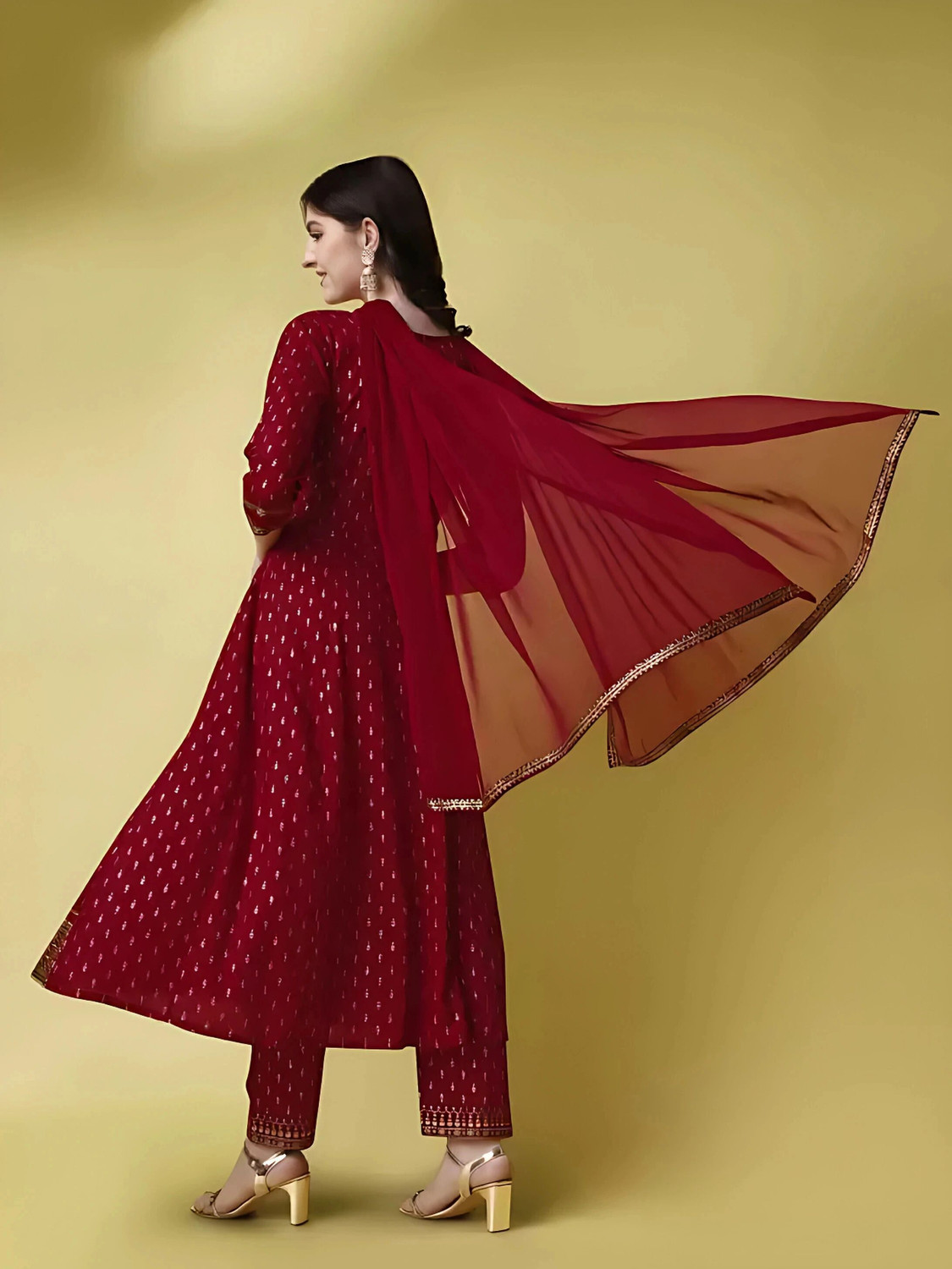 Image of Queens Fab Printed, Embroidered Anarkali Kurta, Bottom & Dupatta Set