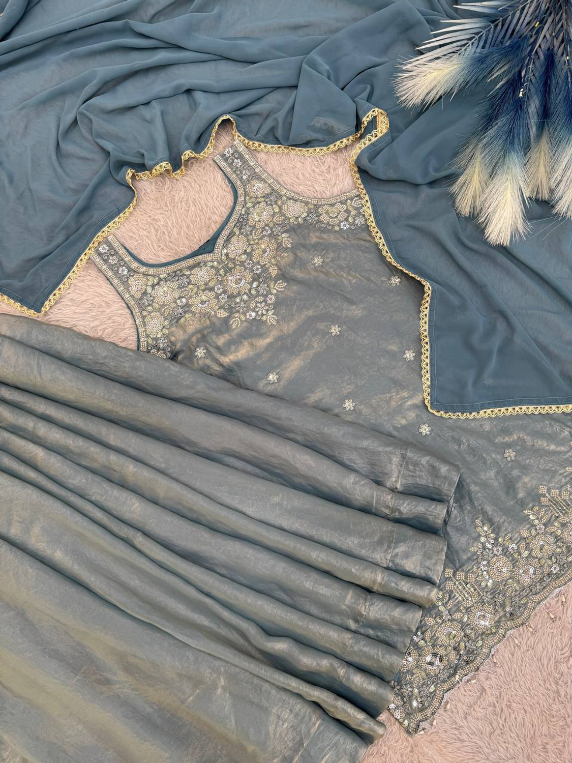 Image of BYRI Embroidered Kurta, Sharara & Dupatta Set