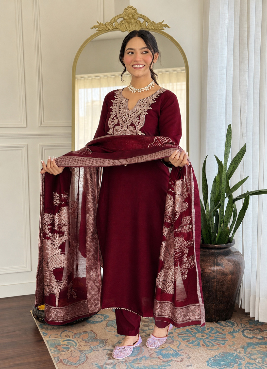 Image of SHYAM BANSI Embroidered Kurta, Trouser /Pant & Dupatta Set