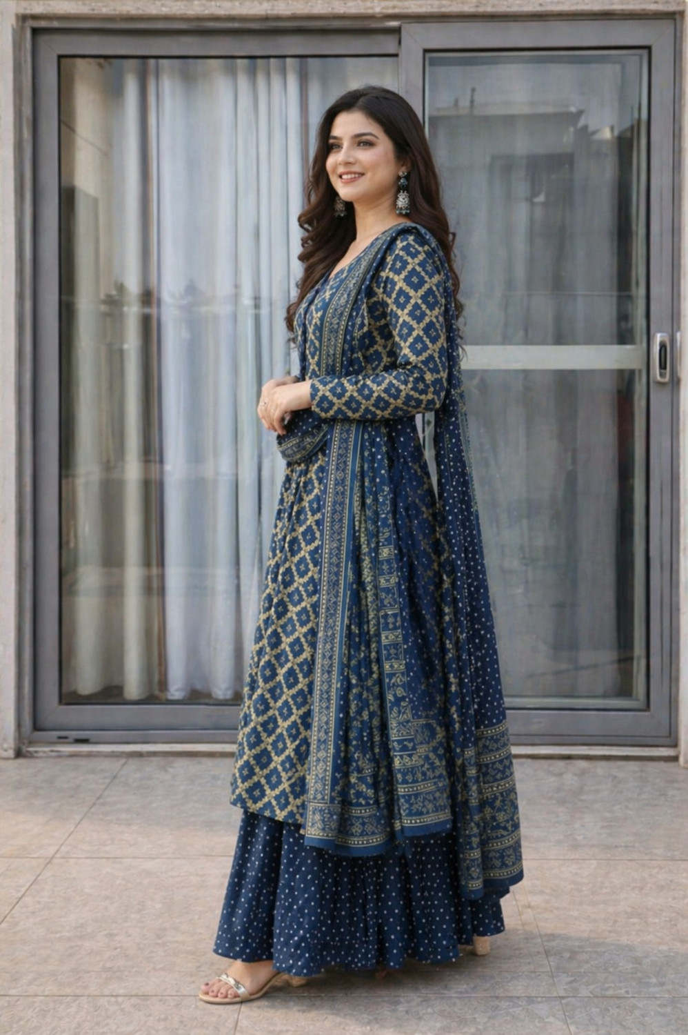 Image of moxinfashion Printed Anarkali Kurta, Bottom & Dupatta Set