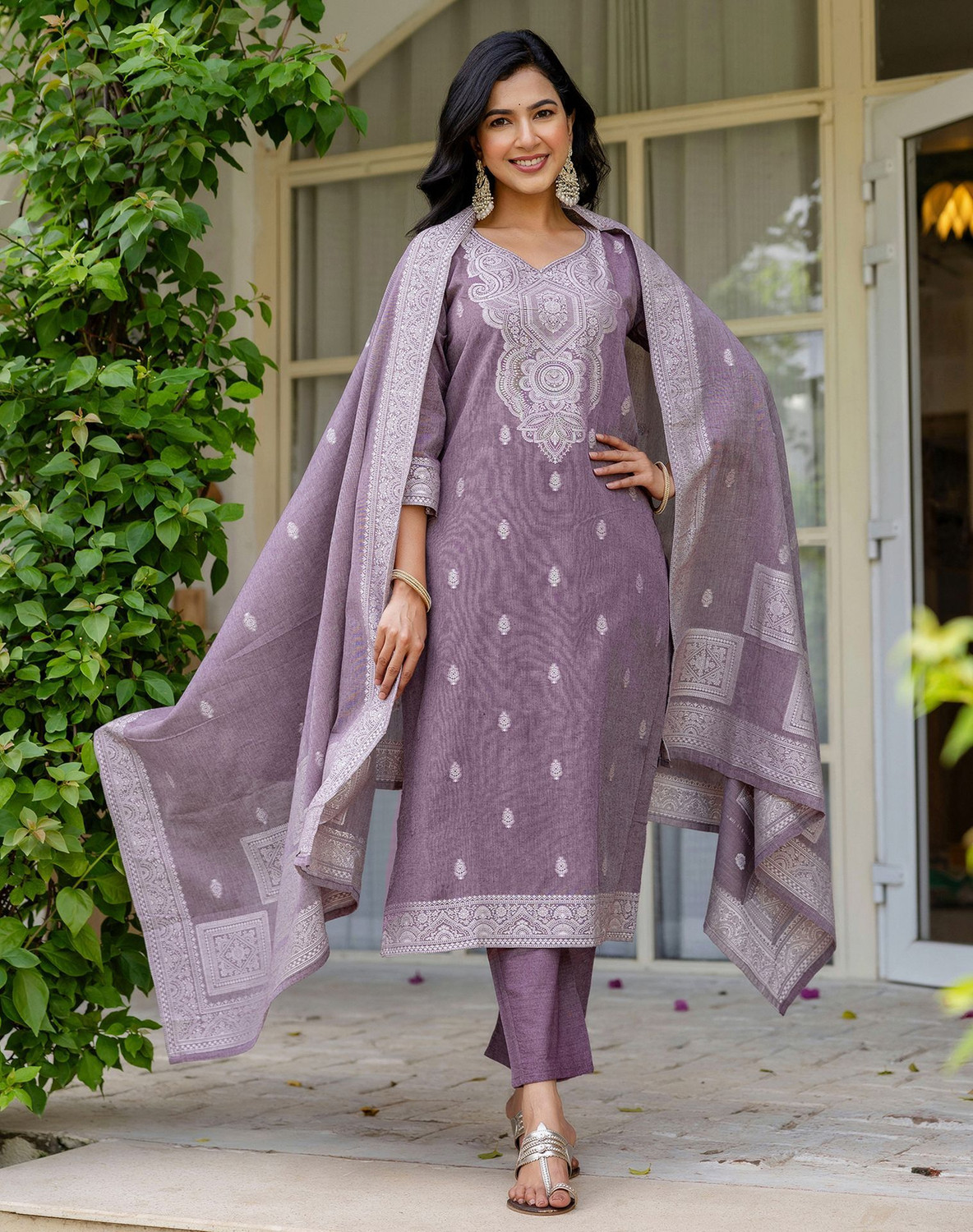 Image of Tasrika Embellished, Woven Kurta, Trouser /Pant & Dupatta Set