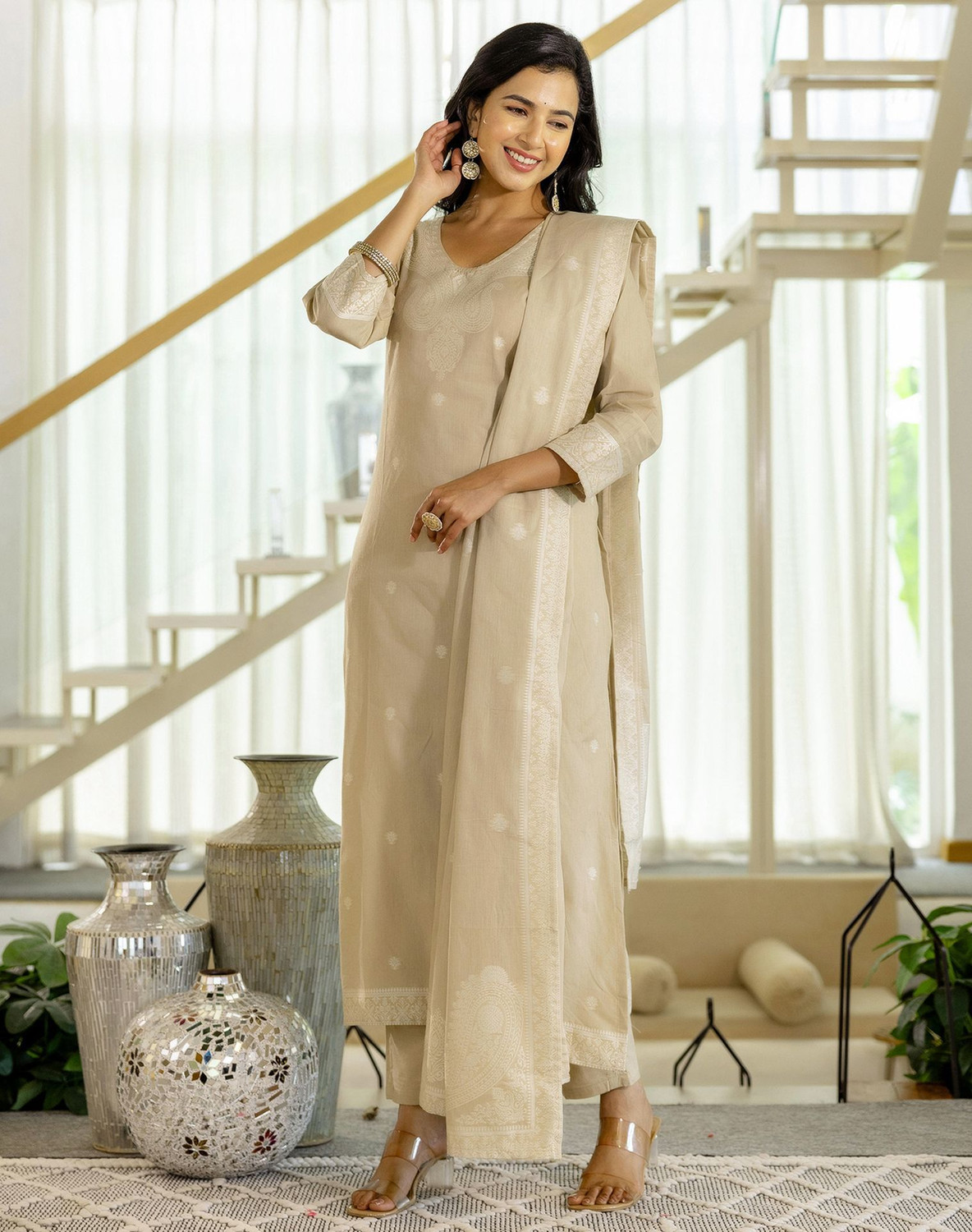 Image of Tasrika Embellished, Woven Kurta, Trouser /Pant & Dupatta Set