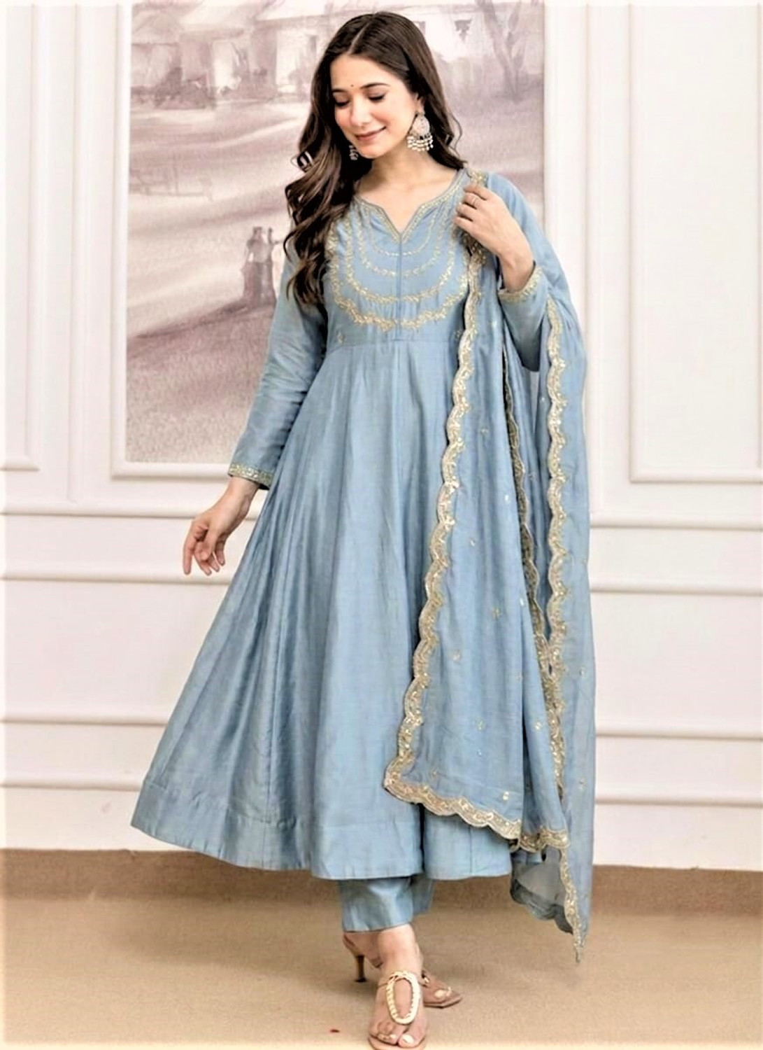 Image of KALKI COLLECTION Embroidered Anarkali Kurta, Bottom & Dupatta Set