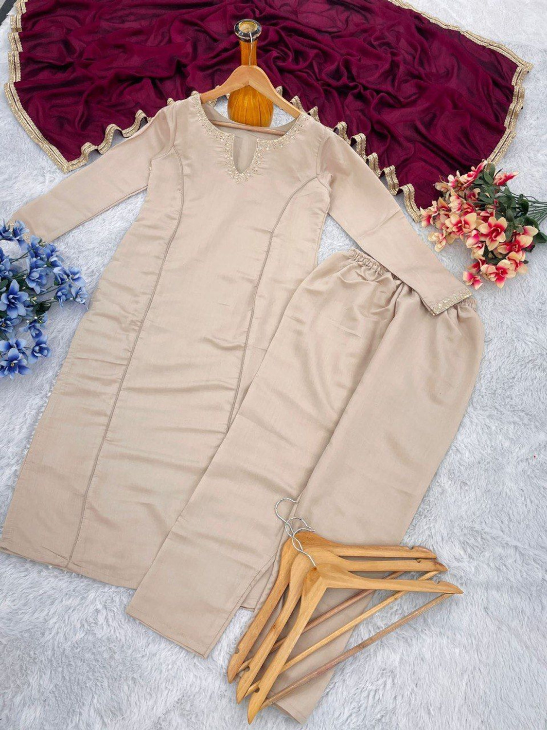 Image of Tantukriti Embroidered Kurta, Trouser /Pant & Dupatta Set