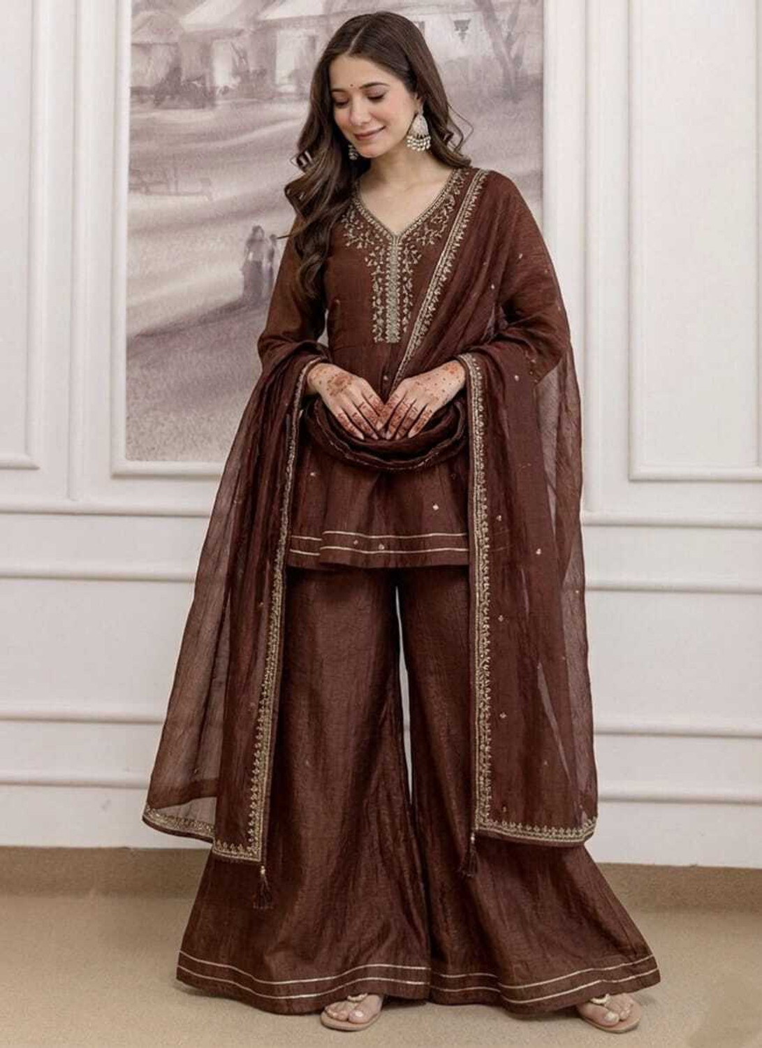 Image of KALKI COLLECTION Embroidered Kurta, Palazzo & Dupatta Set