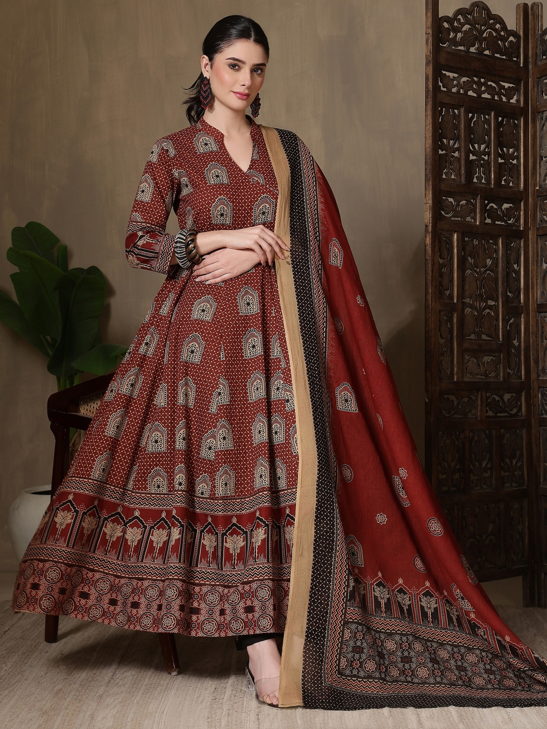 Image of KALPHEM Printed Anarkali Kurta, Bottom & Dupatta Set