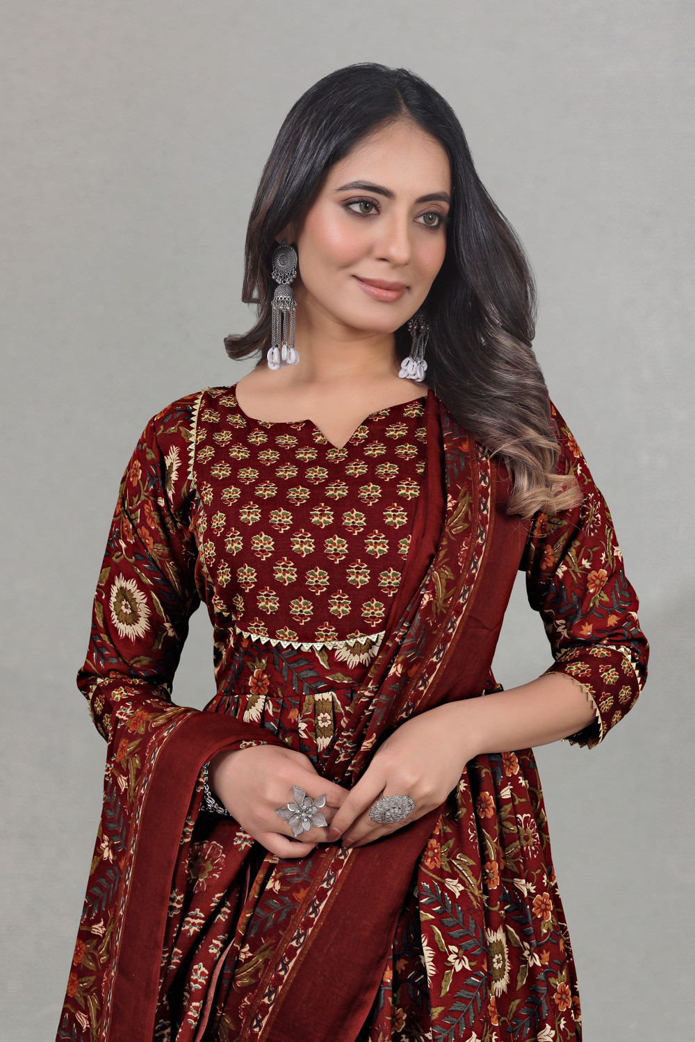 Image of KALAVRITTA Floral Print Anarkali Kurta, Bottom & Dupatta Set