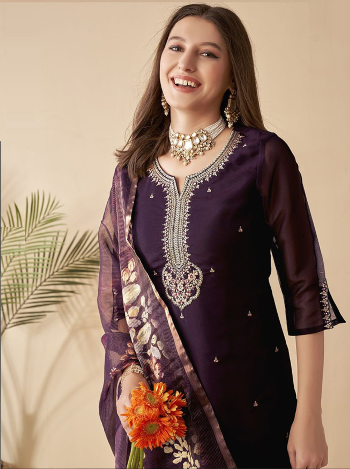 Image of ziyana enterprise Embroidered Kurta, Trouser /Pant & Dupatta Set