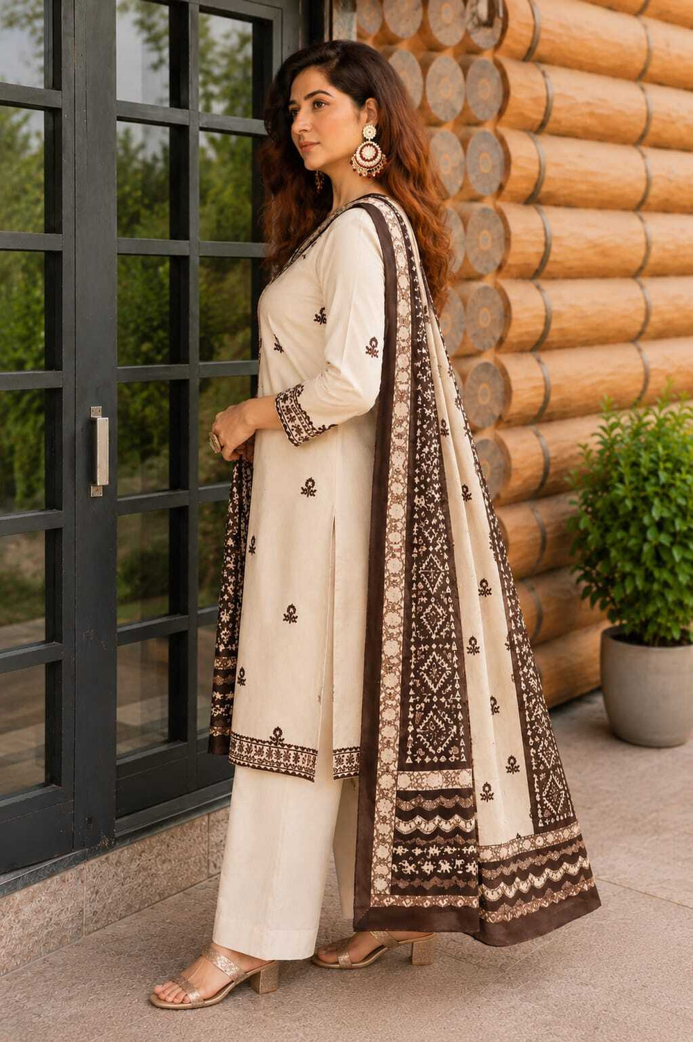 Image of GODRAM Floral Print, Embroidered Kurta, Trouser /Pant & Dupatta Set