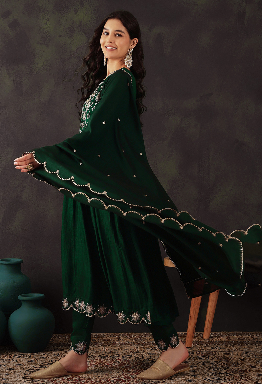 Image of SheWill Embroidered Kurta, Trouser /Pant & Dupatta Set