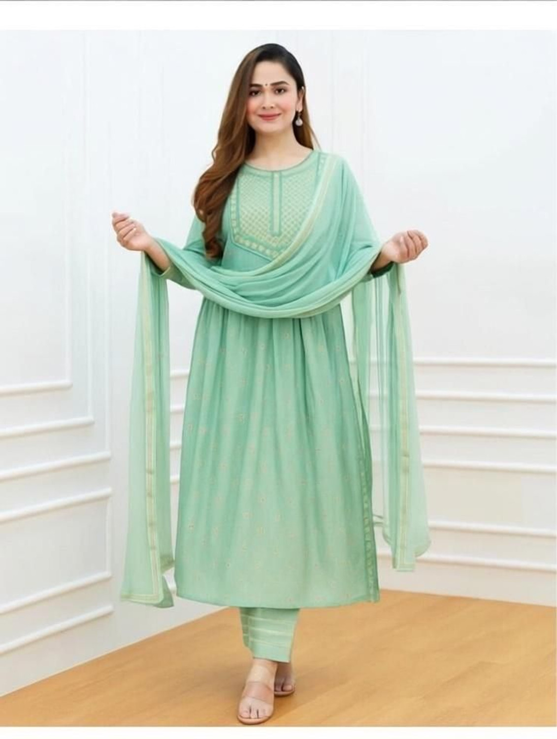 Image of Aimca Embroidered Kurta, Trouser /Pant & Dupatta Set