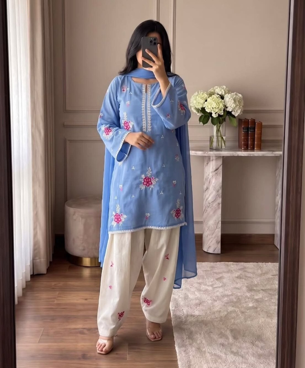 Image of PINKVASTRA Printed Kurta, Palazzo & Dupatta Set
