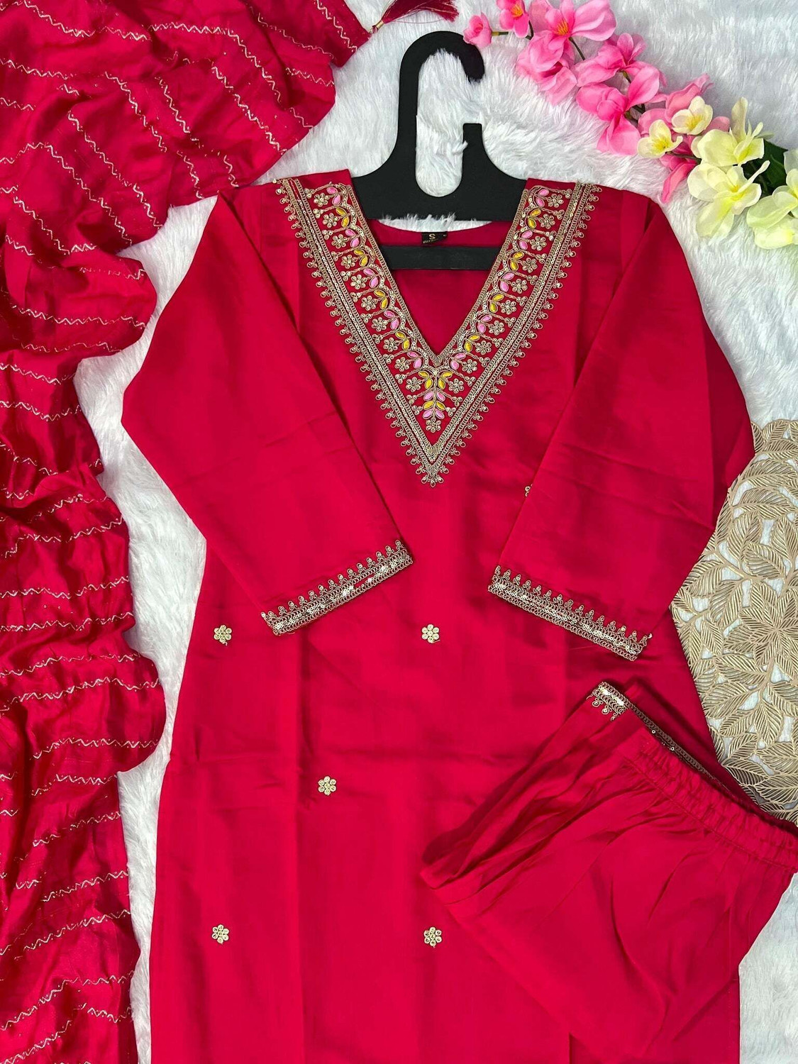Image of MAA SHANTI ENTERPRISE Embroidered Kurta, Trouser /Pant & Dupatta Set