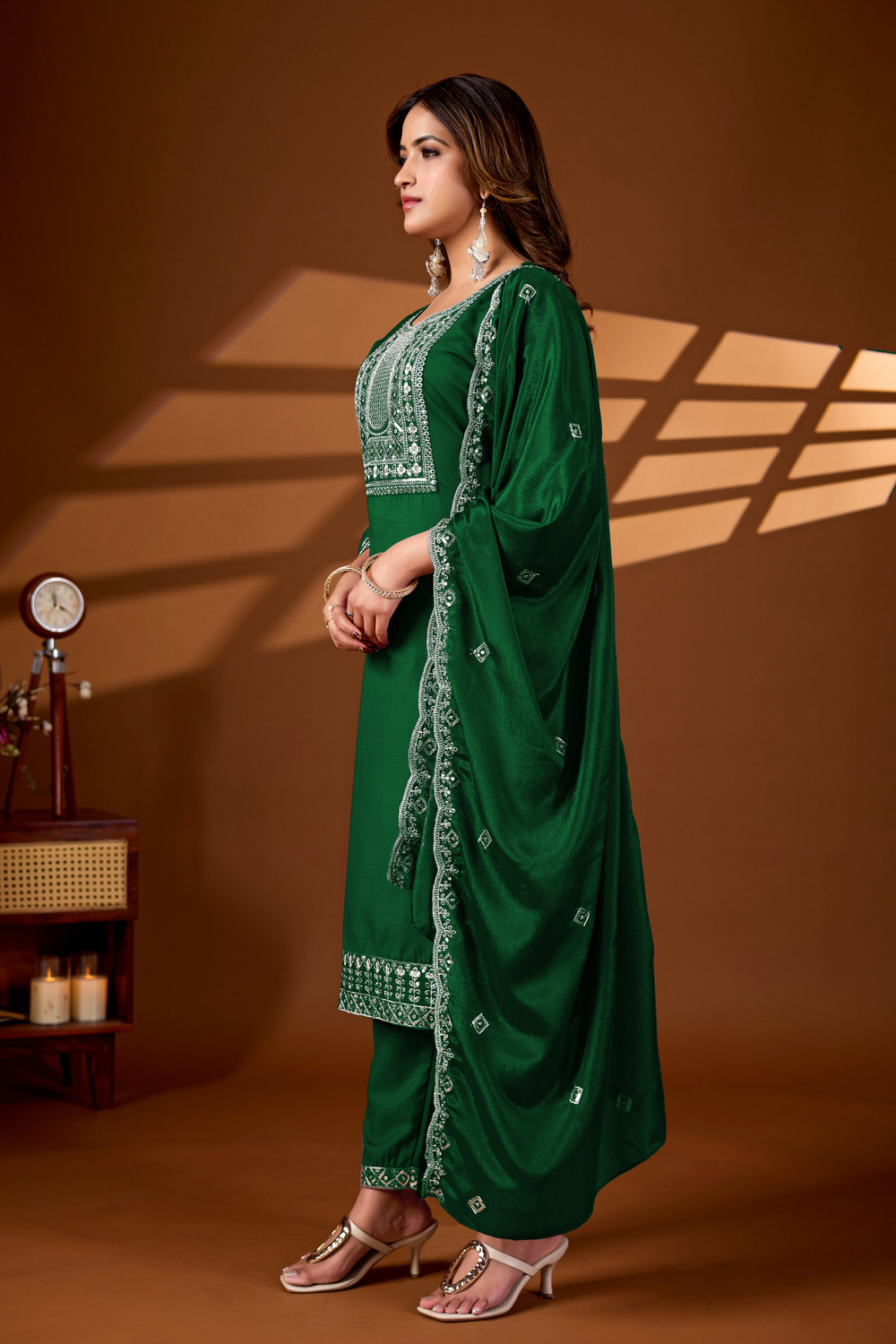 Image of DHARM CREATIONS Embroidered Kurta, Trouser /Pant & Dupatta Set