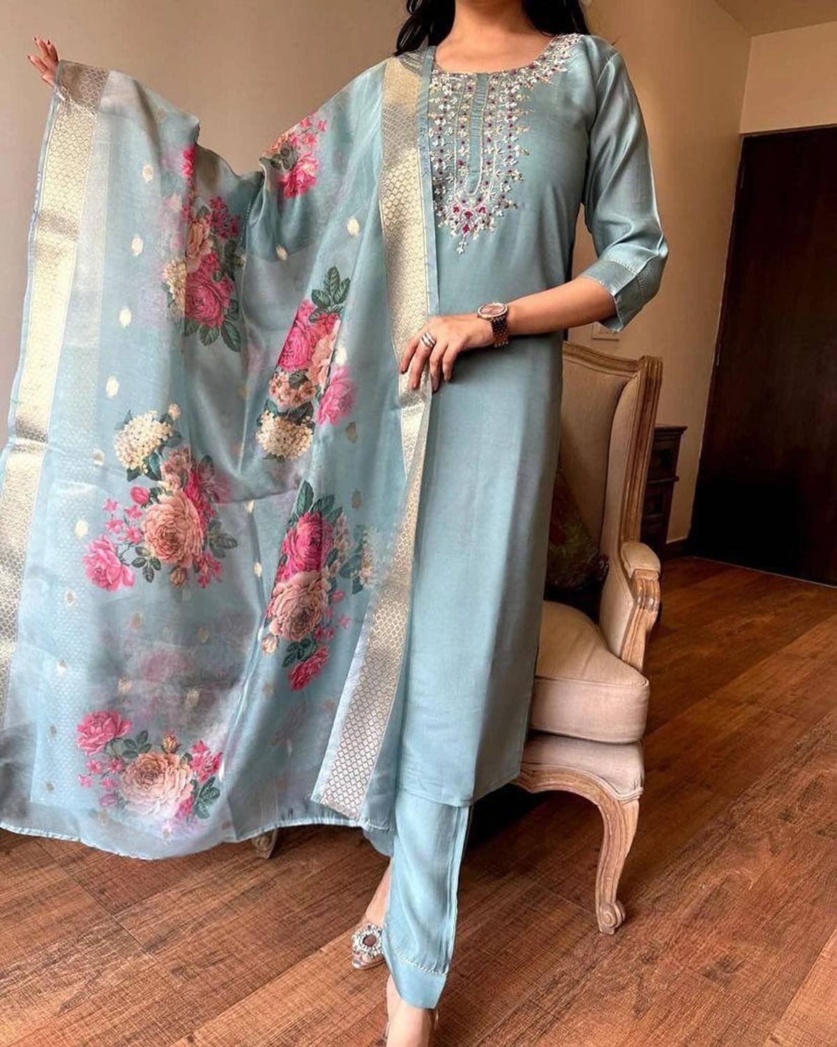 Aayesha Fabricz Striped Kurta, Trouser/Pant & Dupatta Set