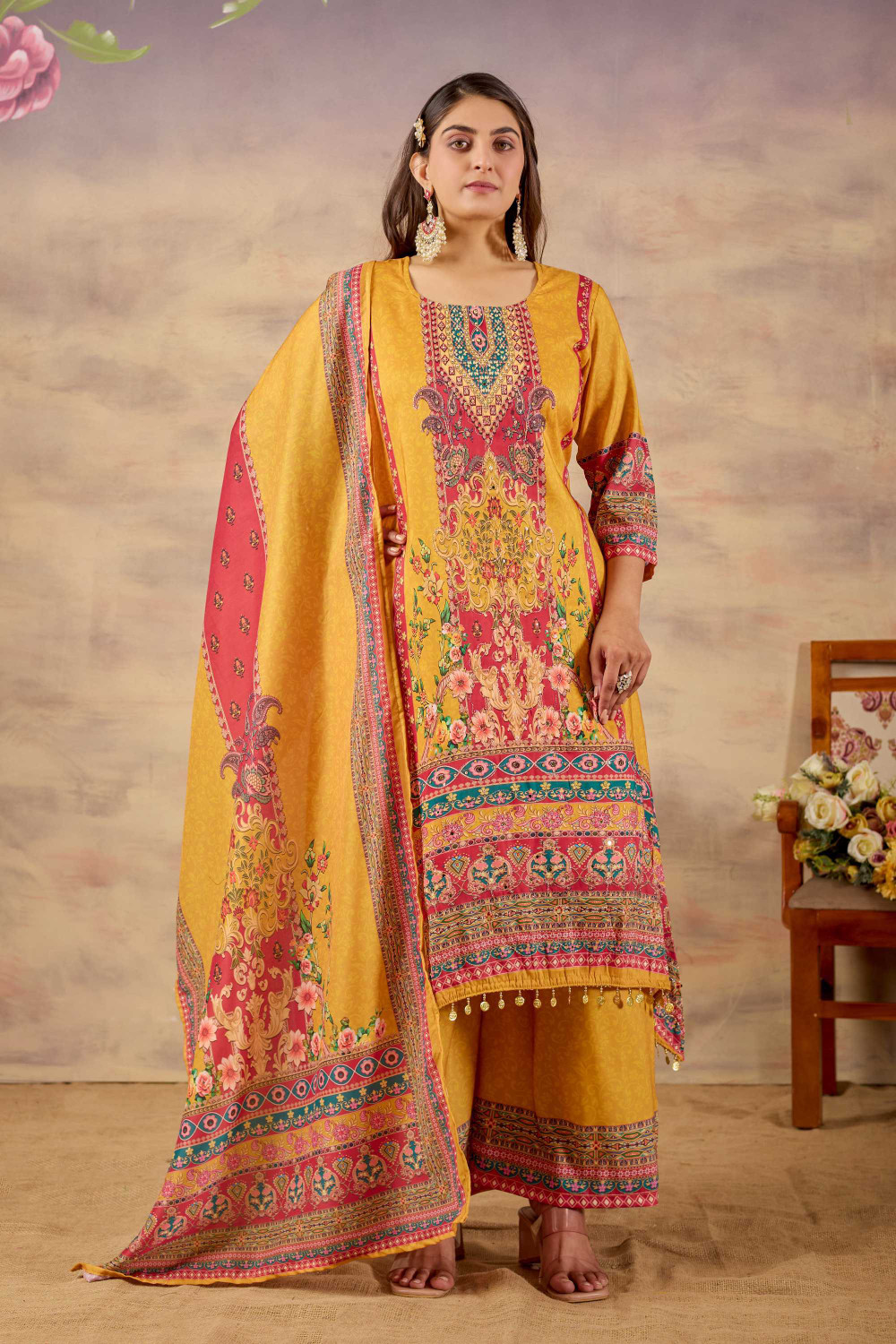 Image of bindudi Embroidered Kurta, Palazzo & Dupatta Set