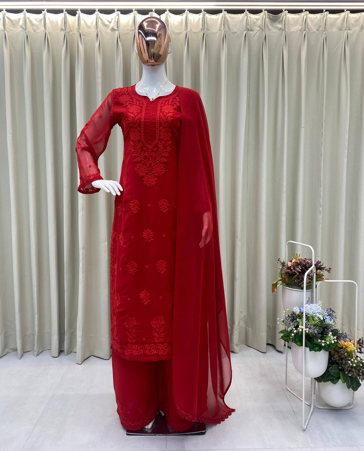 Image of SareeWeb Embroidered Kurta, Palazzo & Dupatta Set