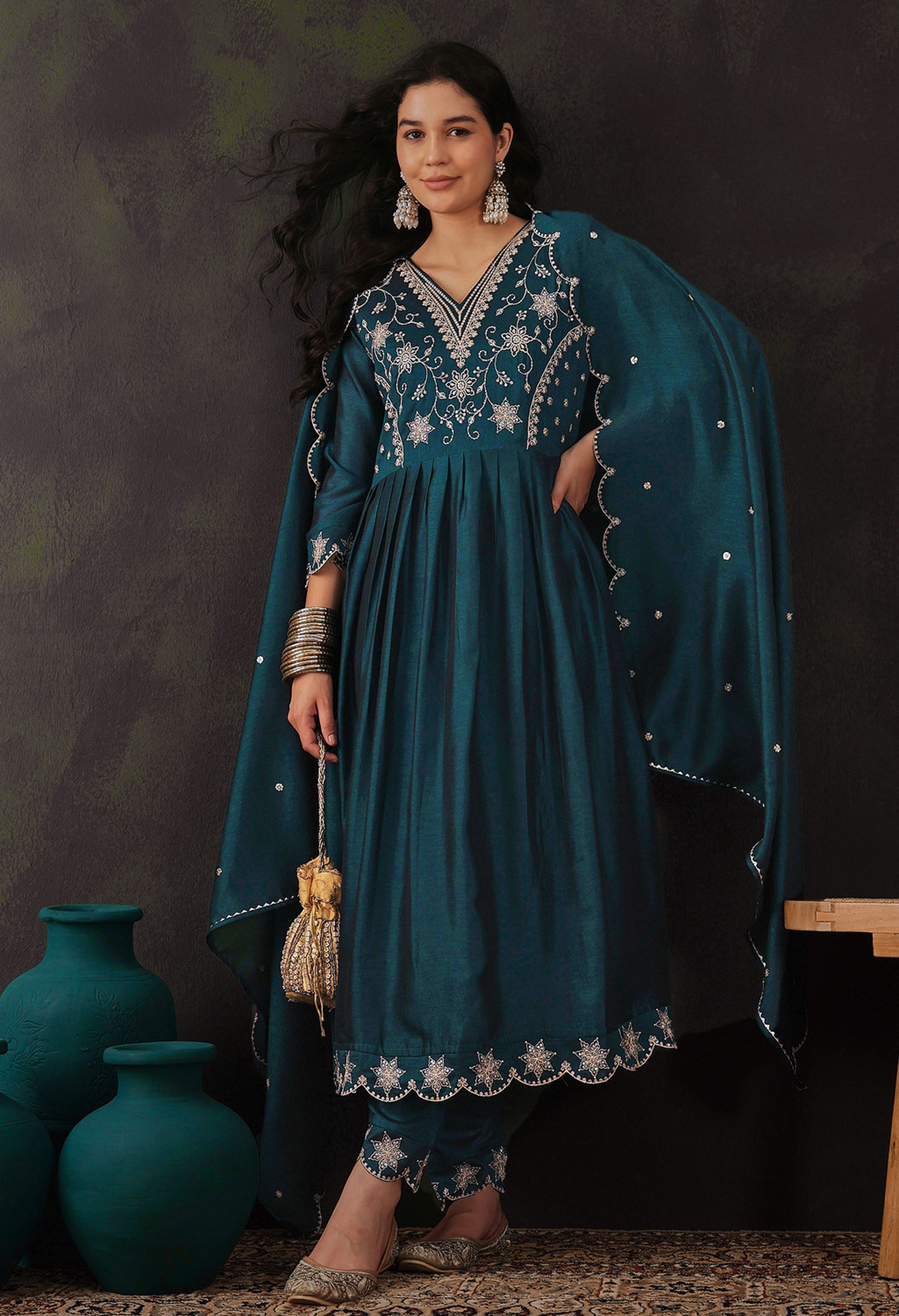 Image of SheWill Embroidered Kurta, Trouser /Pant & Dupatta Set
