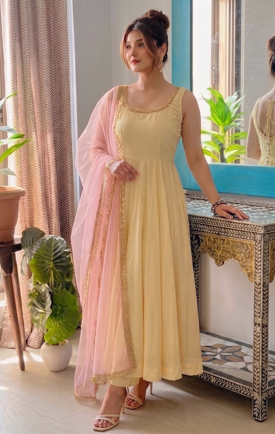 Image of TRANDTIDE Anarkali Roman Cotton Flared Gown Bottom With Soft Net Dupatta Self Design Anarkali Kurta, Bottom & Dupatta Set