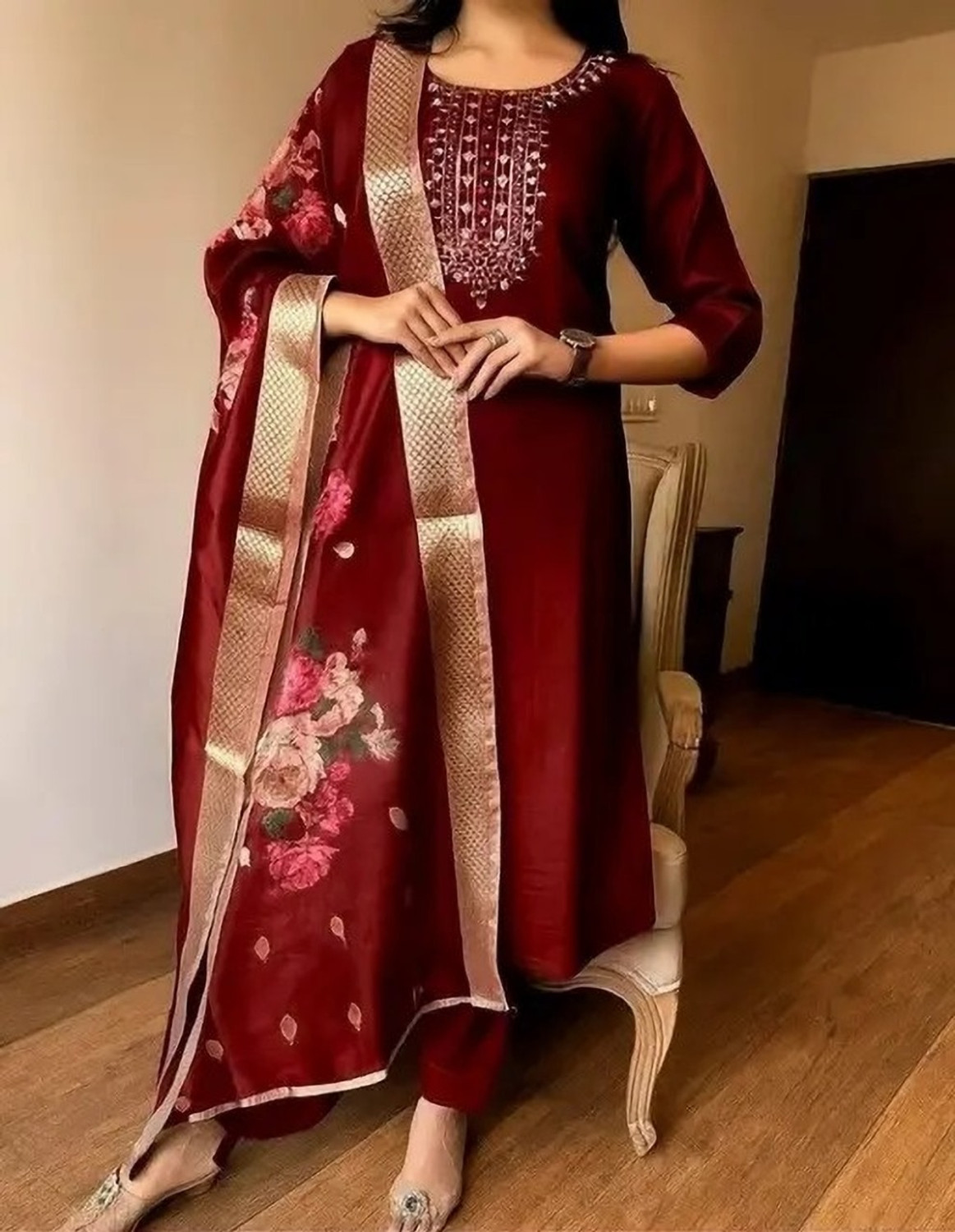 Image of JDENTERPRISS Embroidered Kurta, Churidar & Dupatta Set