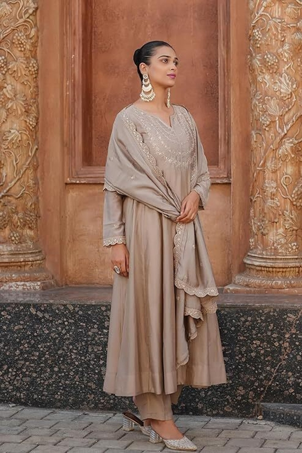 Image of ARVILAS Embroidered Anarkali Kurta, Bottom & Dupatta Set