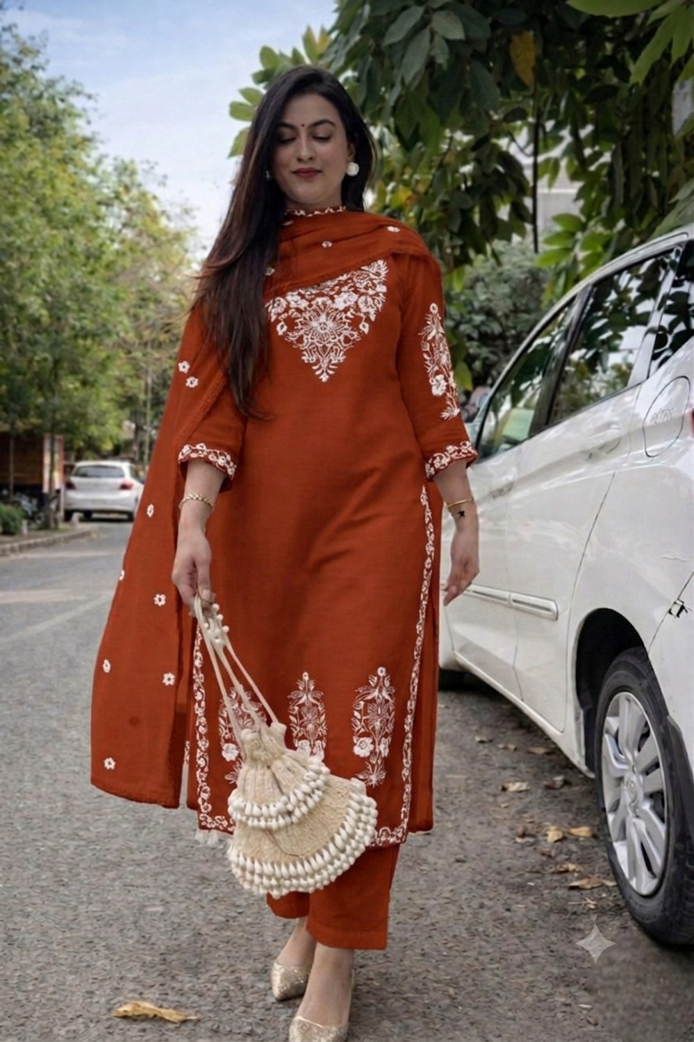 Image of PILUDI Embroidered Kurta, Trouser /Pant & Dupatta Set