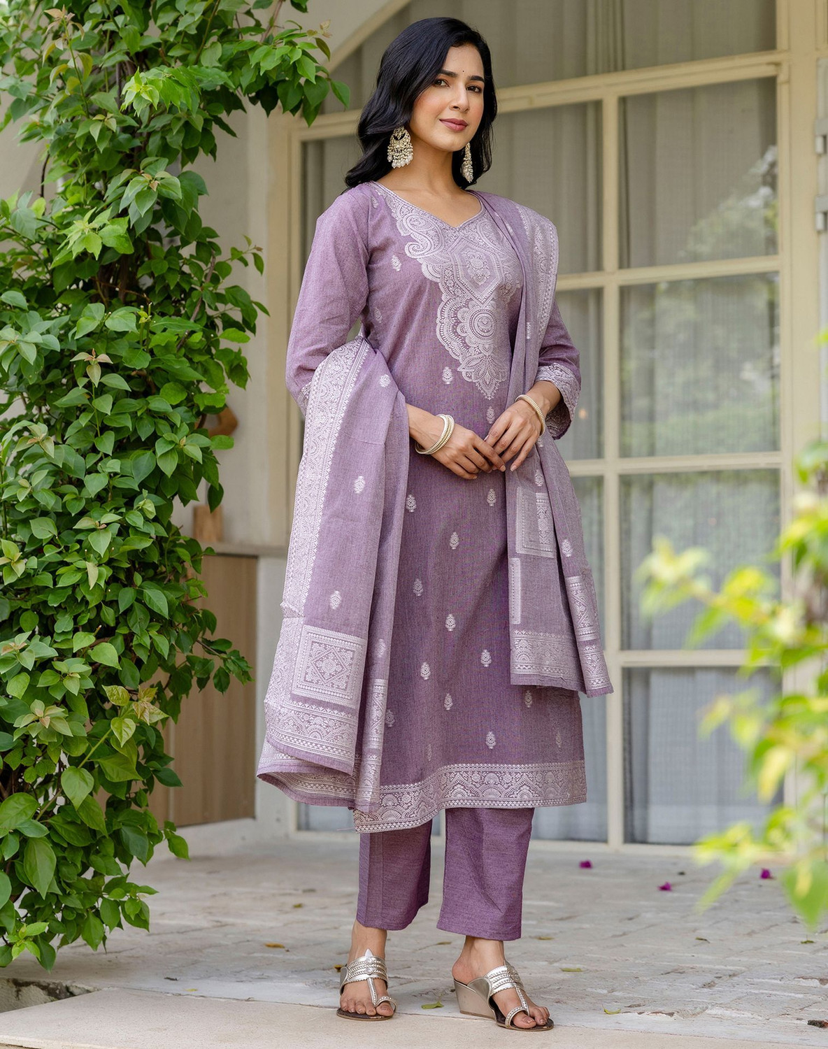 Image of Tasrika Embellished, Woven Kurta, Trouser /Pant & Dupatta Set
