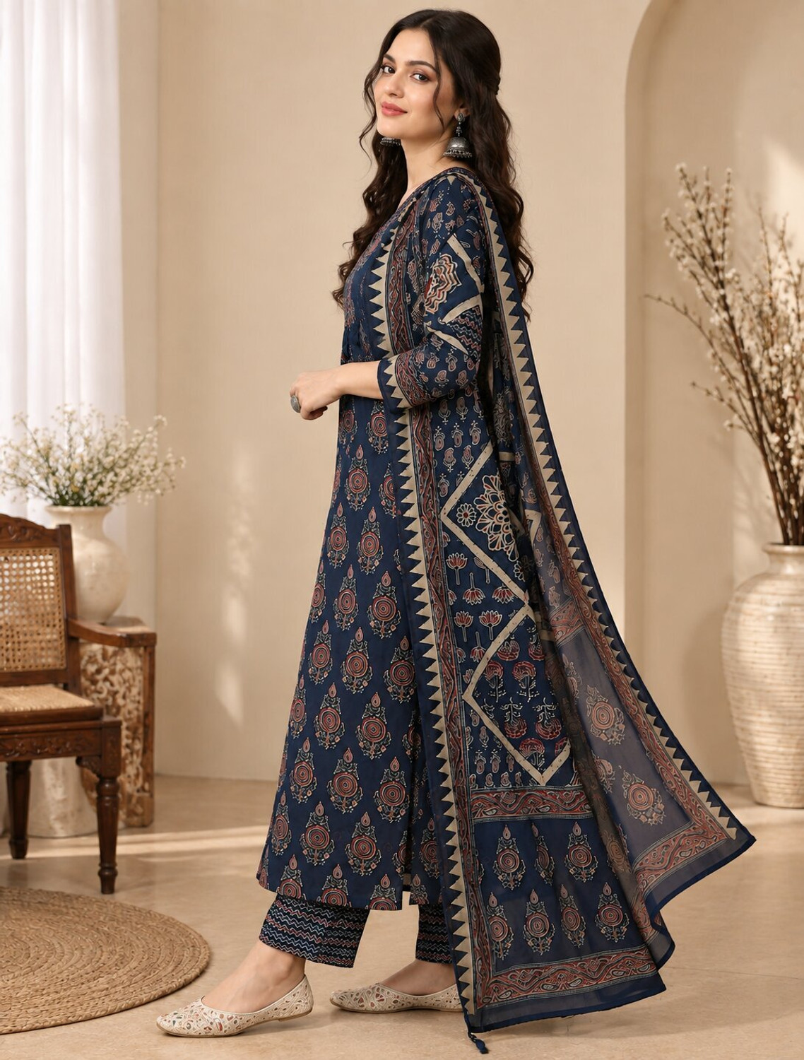 Image of Oumad Printed Kurta, Palazzo & Dupatta Set