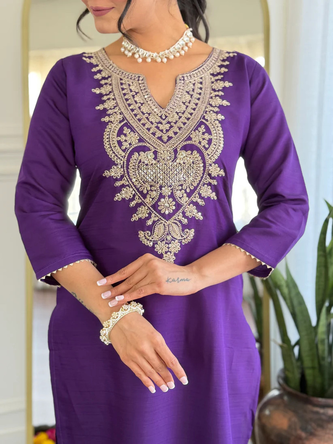 Image of SHYAM BANSI Embroidered Kurta, Trouser /Pant & Dupatta Set