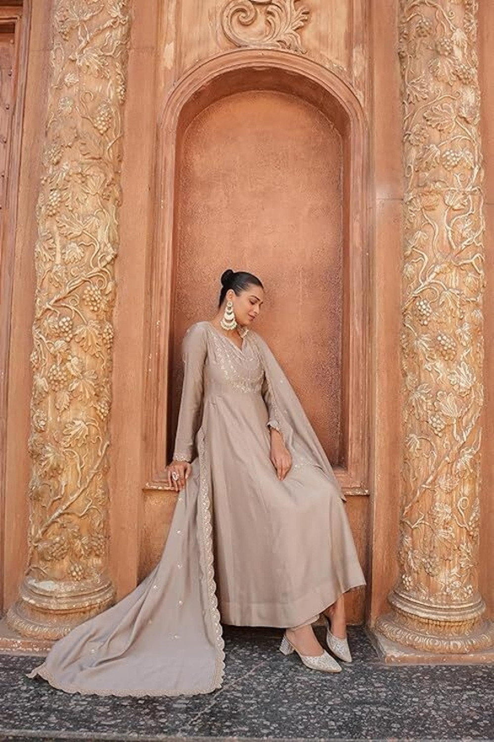 Image of ARVILAS Embroidered Anarkali Kurta, Bottom & Dupatta Set