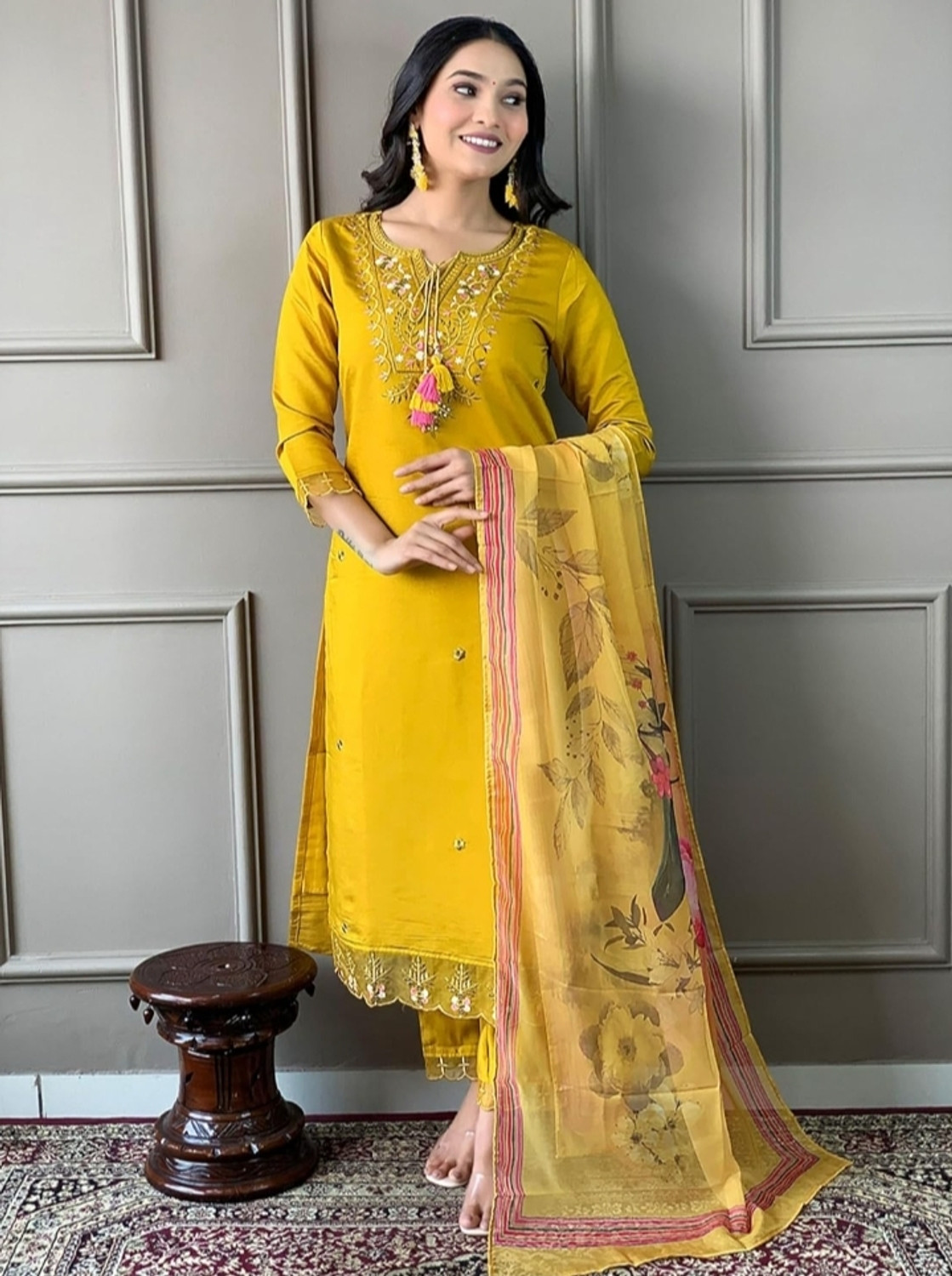 Image of ARHAMSILKMILLS Embroidered Kurta, Trouser /Pant & Dupatta Set