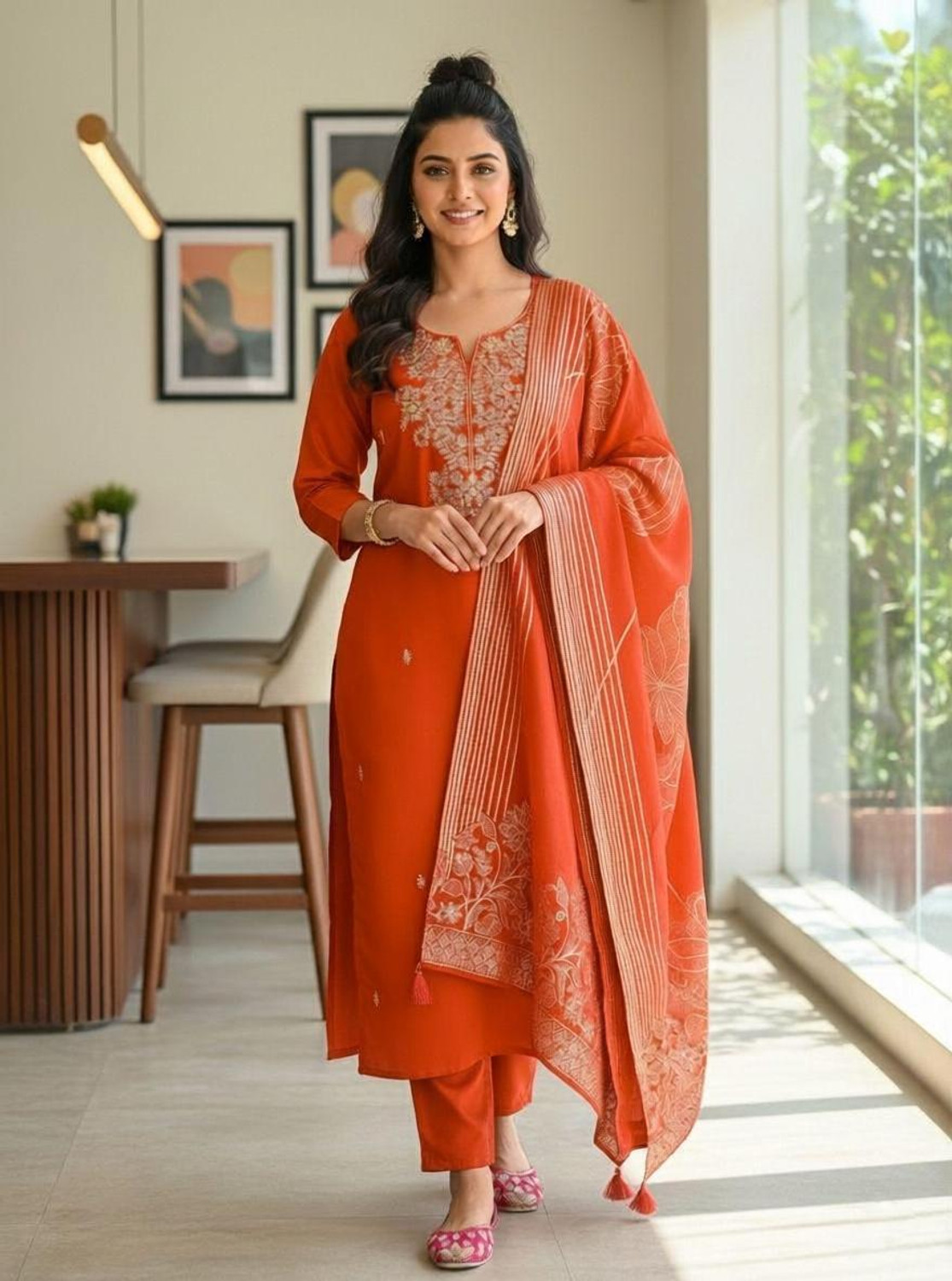 Image of RUTABO Embroidered Kurta, Trouser /Pant & Dupatta Set