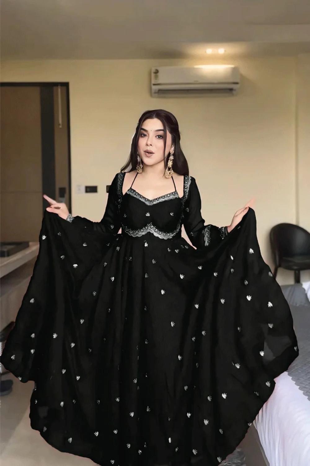 Image of Pushti Creation Embroidered Anarkali Kurta, Bottom & Dupatta Set