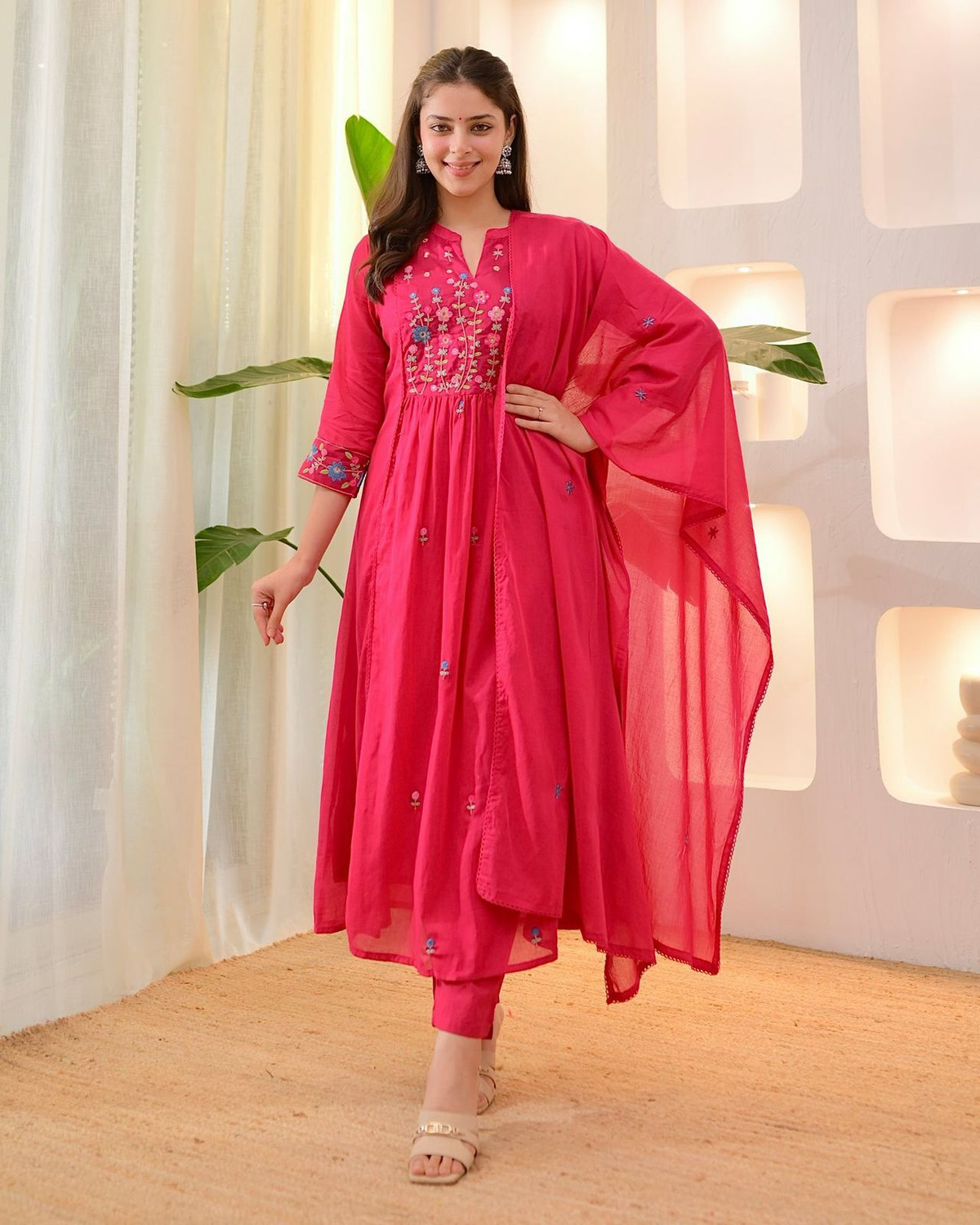 Image of FEBFORWARD Embroidered Kurta, Palazzo & Dupatta Set