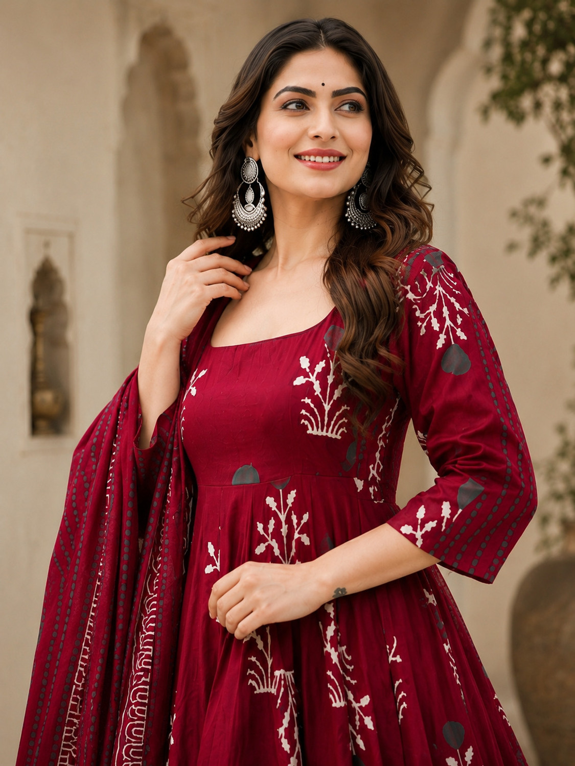 Image of NabubaFashion Printed Anarkali Kurta, Bottom & Dupatta Set