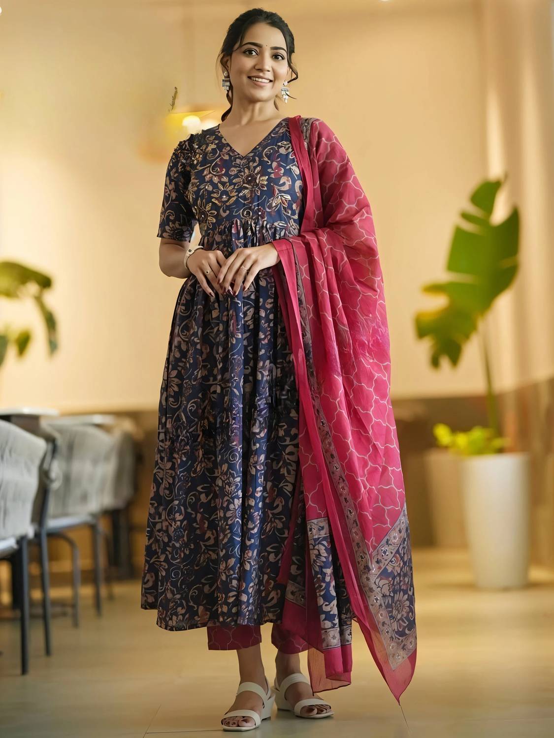 ANSAYA Floral Print Anarkali Kurta, Bottom & Dupatta Set
